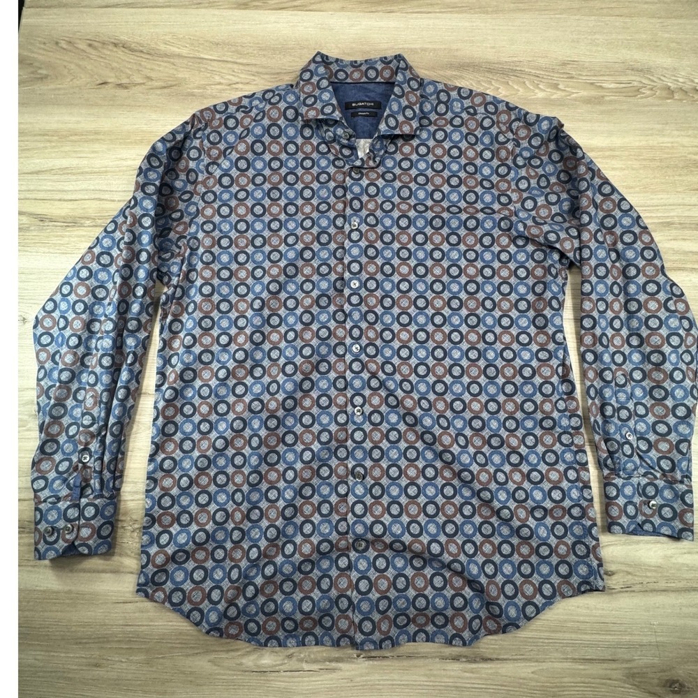 Bugatchi Mens Classic Fit Blue Brown Geometric Circle Print Cotton Shirt XL